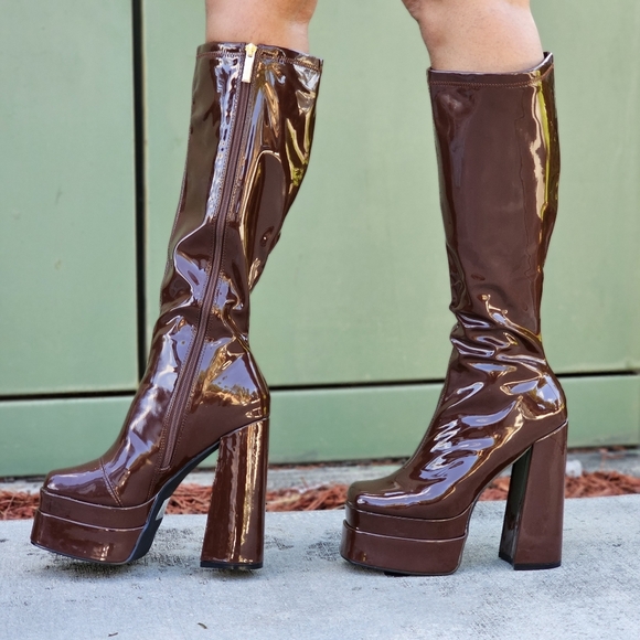 Mid Calf Platform Boots Square Toe Knee High Chunky Block Heel - Picture 3 of 6